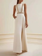 Semi-Formal Party Dress Beige Sleeveless Pocketed Side Slit Maxi Dress
