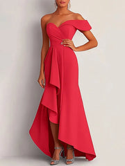 Formal Dress Red One-Shoulder Asymmetrical Floor-Length Gown