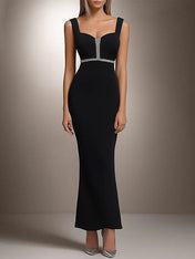 Semi-Formal Party Dress Black Silver Embellished Slim Midi Dress