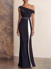 Formal Off-Shoulder Dress Black and White Colorblock Maxi Dress