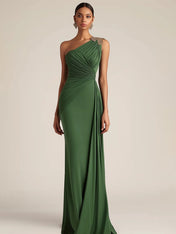 Formal Evening Dress Green One-Shoulder Ruched Floor-Length Dress