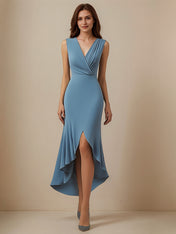 Wedding Guest Party Dress Blue V-Neck Sleeveless Asymmetrical Dress