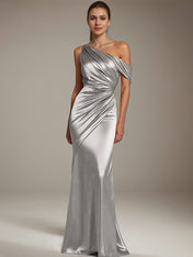 Formal Party Satin Dress Silver One-Shoulder Pleated  Floor-Length Dress
