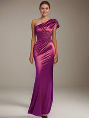 Formal Party Satin Dress Purple One-Shoulder Pleated 	Floor-Length Dress