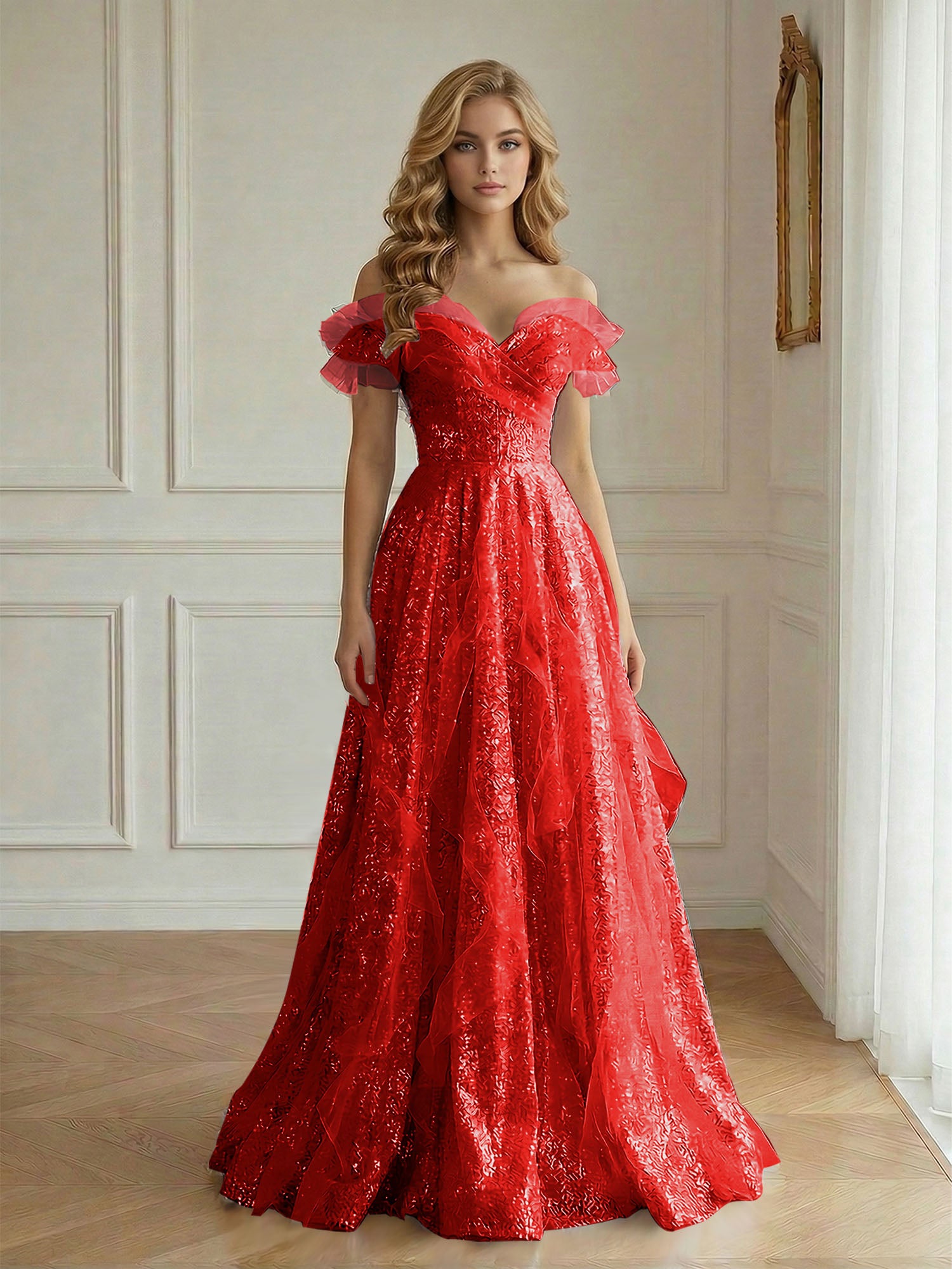 Off-the-Shoulder Sequin Tulle A-Line Gown with Ruffle Accents Prom Dress