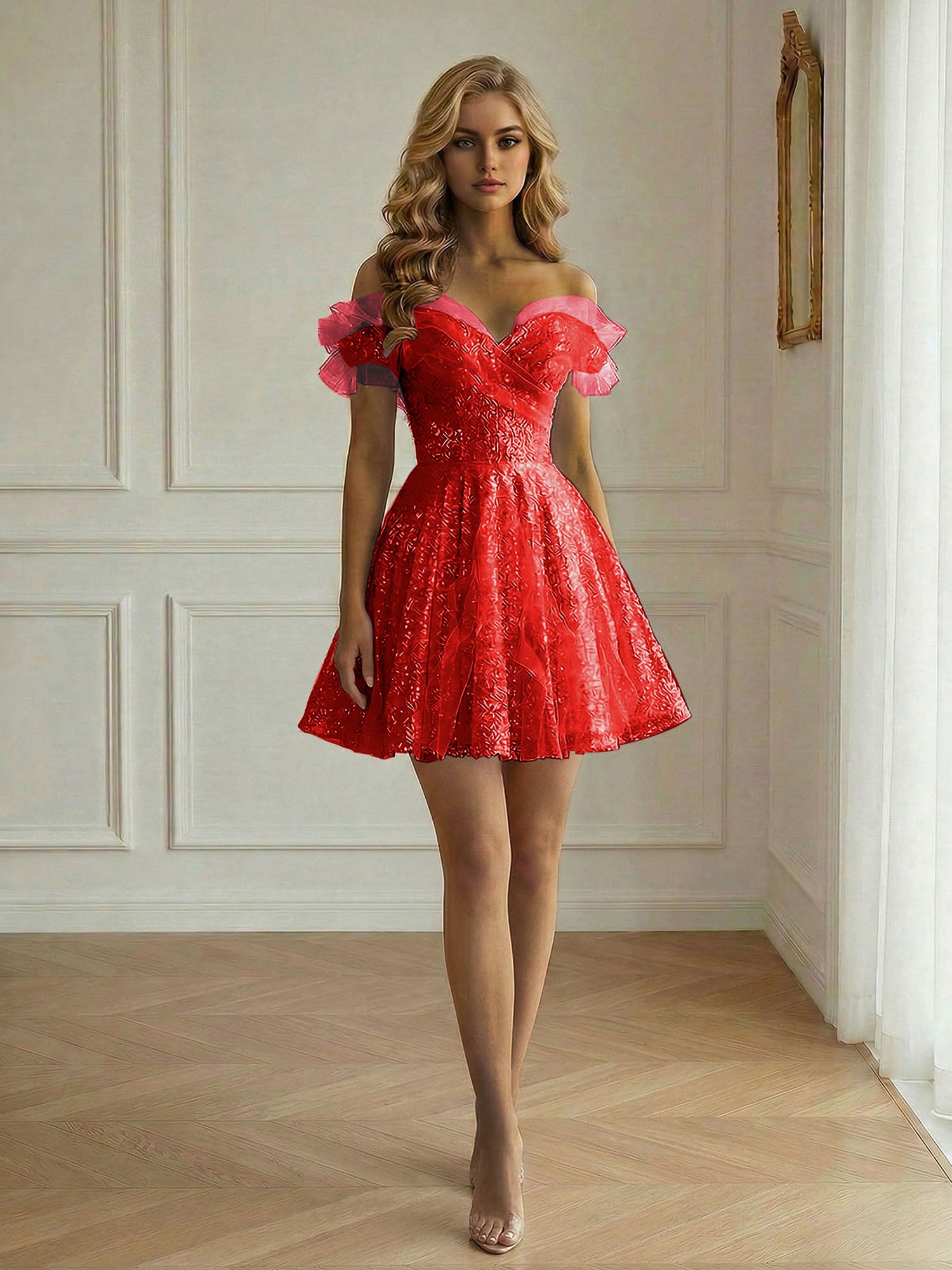 Off-the-Shoulder Lace-Up Back Iridescent Tulle Party Dress Homecoming Dress
