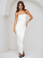 White Lace Off the Shoulder Sleeveless Ankle Length Sheath Dress with Ruffles