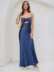 Royal Blue Satin Sweetheart Neckline Sleeveless Open Back Ankle Length Sheath Dress