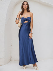 Royal Blue Satin Sweetheart Neckline Sleeveless Open Back Ankle Length Sheath Dress
