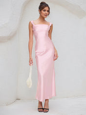 Pink Satin Asymmetrical Neckline Sleeveless Ankle Length Sheath Dress