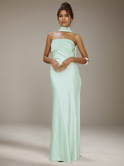 Mint Green Satin Halter Neck Sleeveless Floor Length Formal Dress