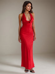 Red Satin Halter Neck Ankle Length Sleeveless Open Back Formal Dress