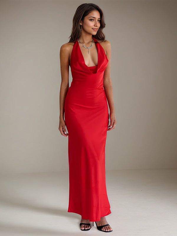 Red Satin Halter Neck Ankle Length Sleeveless Open Back Formal Dress