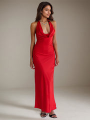 Red Satin Halter Neck Ankle Length Sleeveless Open Back Formal Dress