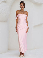 Pink Satin Asymmetrical Neckline Sleeveless Ankle Length Sheath Dress