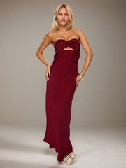 Wine Red Satin Sweetheart Neckline Sleeveless Open Back Ankle Length Sheath Dress