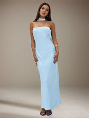 Sky Blue Satin Halter Neck Sleeveless Floor Length Formal Dress