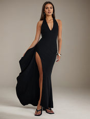 Black Stretch Crepe V Neck Sleeveless Open Back Dress with High Slit