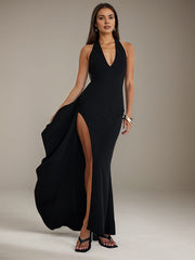Black Stretch Crepe V Neck Sleeveless Open Back Dress with High Slit