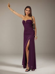 Grape Chiffon Off the Shoulder Sleeveless Asymmetrical Length Dress with High Slit