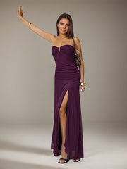 Grape Chiffon Off the Shoulder Sleeveless Asymmetrical Length Dress with High Slit