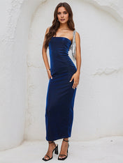 Navy Blue Satin Off the Shoulder Sleeveless Ankle Length Sheath Dress
