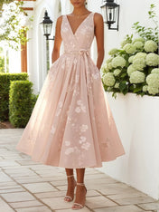 Light Pink Embroidered V Neck Sleeveless A-Line Midi Dress
