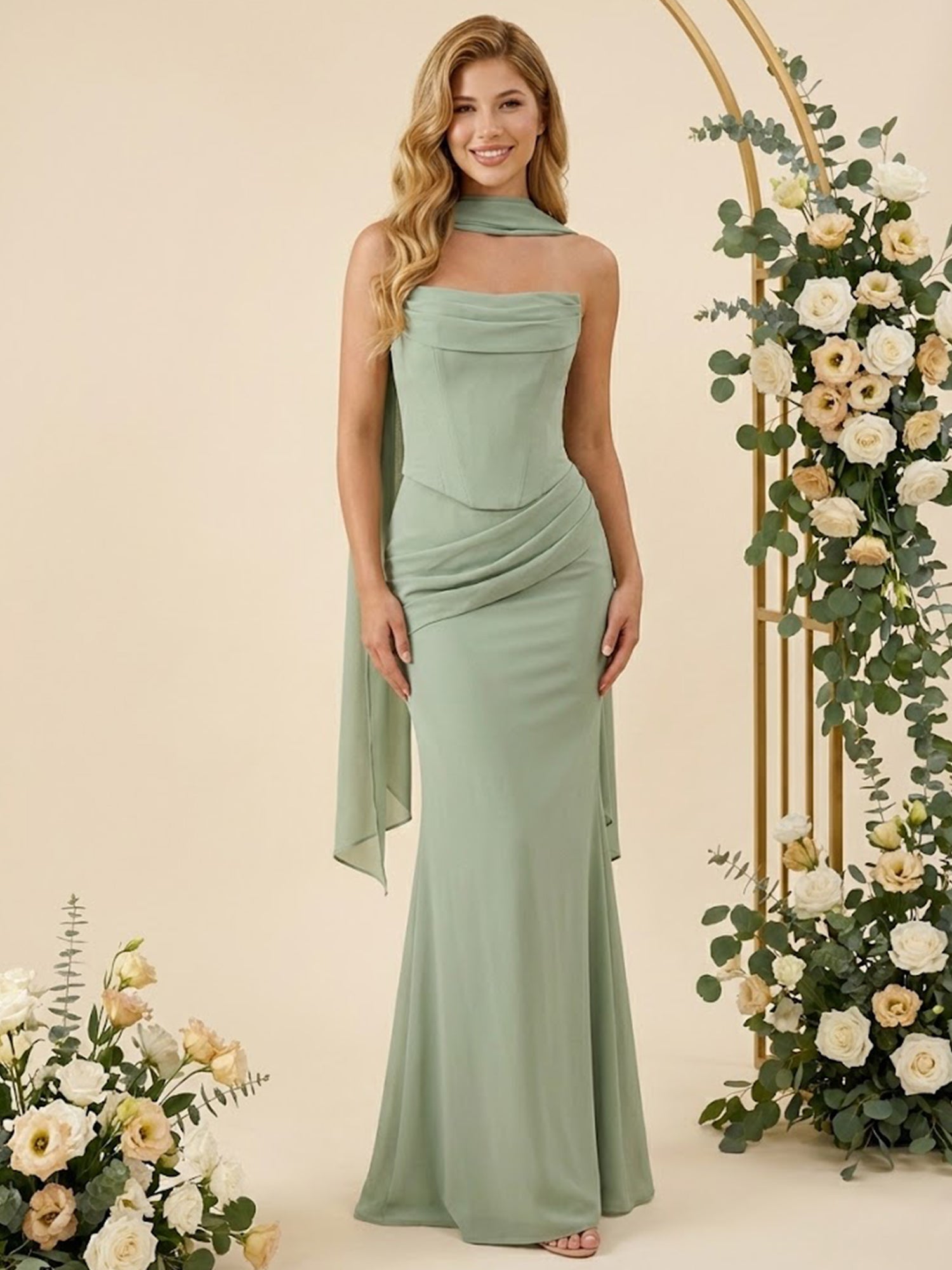 Strapless Mermaid Satin Long Bridesmaid Dresses with Scarf