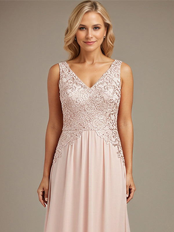 Burgundy A-line V Neck Floor-Length Lace Chiffon Mother of the Bride Dresses