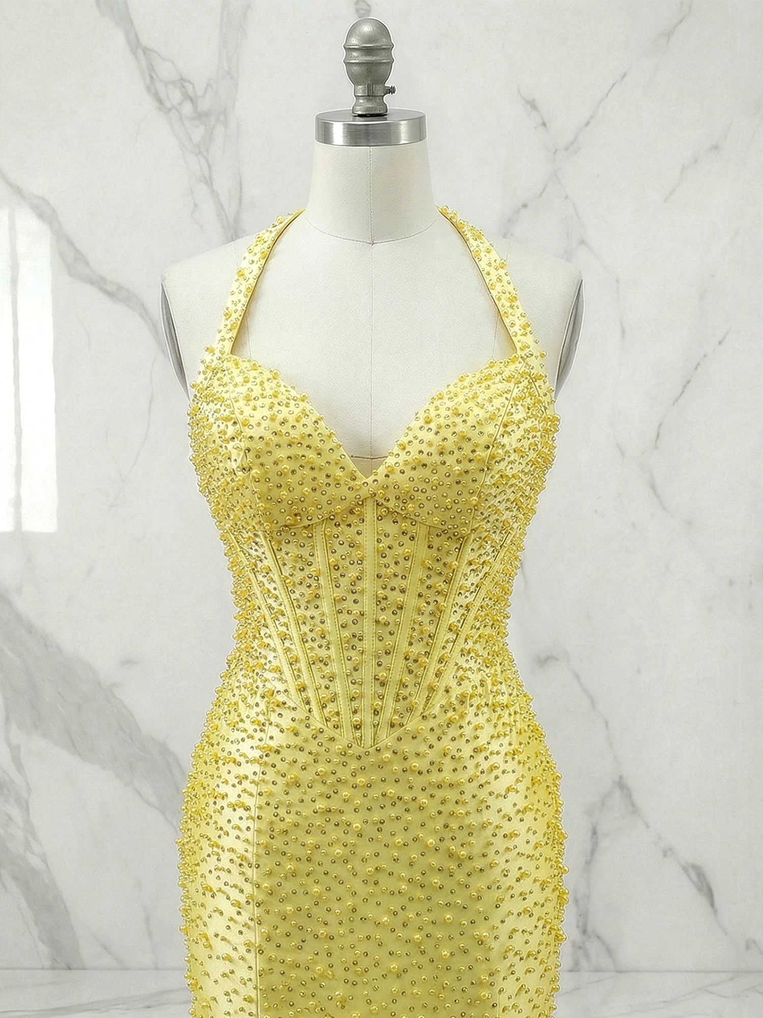 Glamorous Yellow Pearl Beaded Corset Prom Dress with Slit