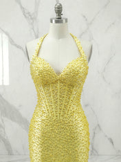 Glamorous Yellow Pearl Beaded Corset Prom Dress with Slit