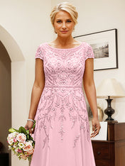 Candy Pink A Line Scoop Neck Chiffon Mother Of The Bride Dress With Appliques