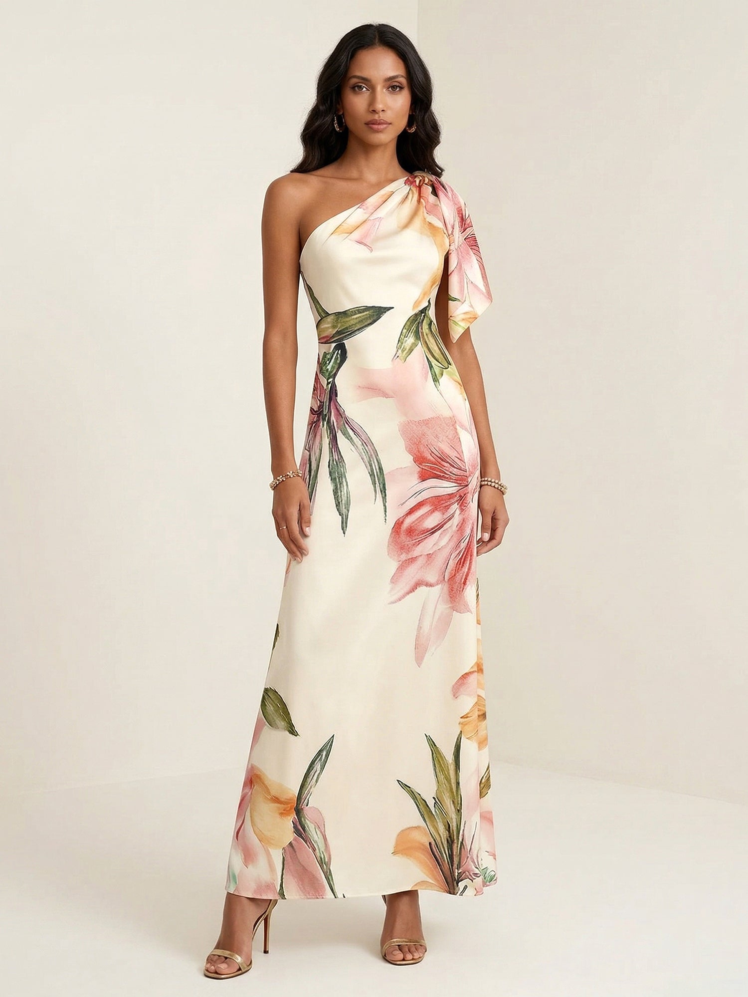 Ivory Floral Print One Shoulder Satin Maxi Dress with Bow Ruffle