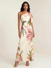 Ivory Floral Print One Shoulder Satin Maxi Dress with Bow Ruffle