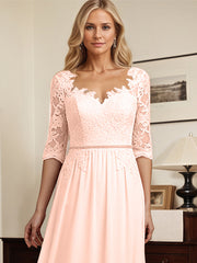 A-Line V Neck 1/2 Sleeves Chiffon Mother Of The Bride Dresses With Appliques Lace