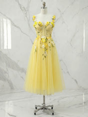 Whimsical Sunshine Yellow 3D Floral Corset Midi Dress
