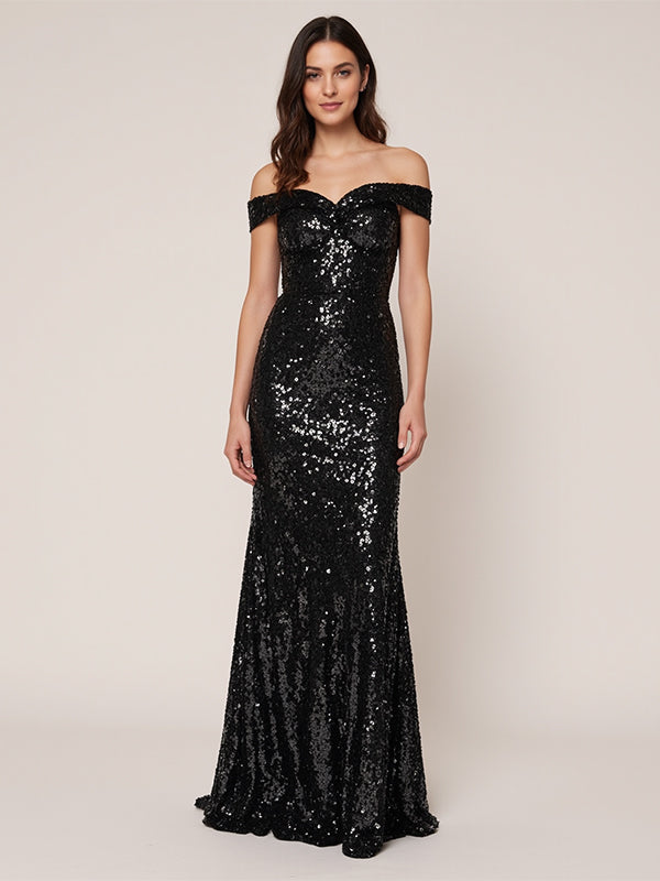 Black A Line Off-the-Shoulder Sequins Long Formal Dresses