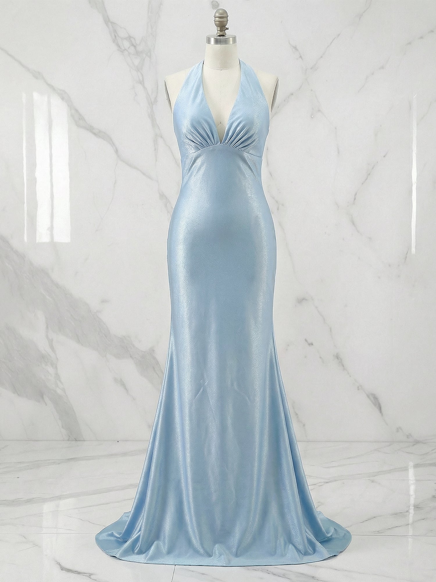 Light Blue Mermaid Halter Backless Long Prom Dresses