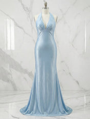 Light Blue Mermaid Halter Backless Long Prom Dresses