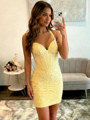 Glamorous Champagne Pearl Beaded Corset Short Homecoming Dress