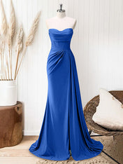 Glitter Royal Blue Strapless Mermaid Long Prom Dress with Slit