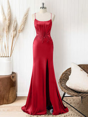 Red Mermaid Corset Spaghetti Straps Long Prom Dress with Appliques