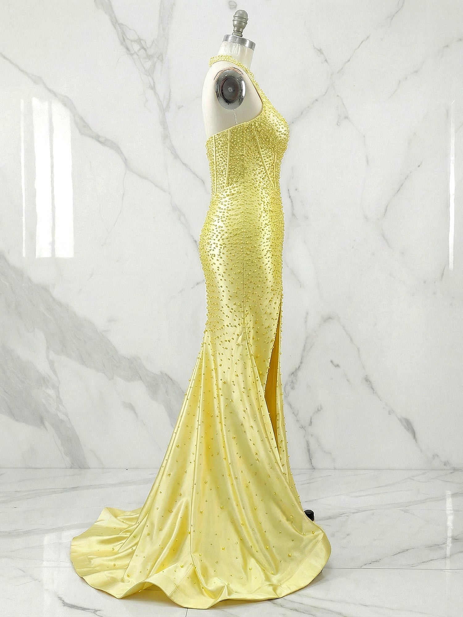 Glamorous Yellow Pearl Beaded Corset Prom Dress with Slit