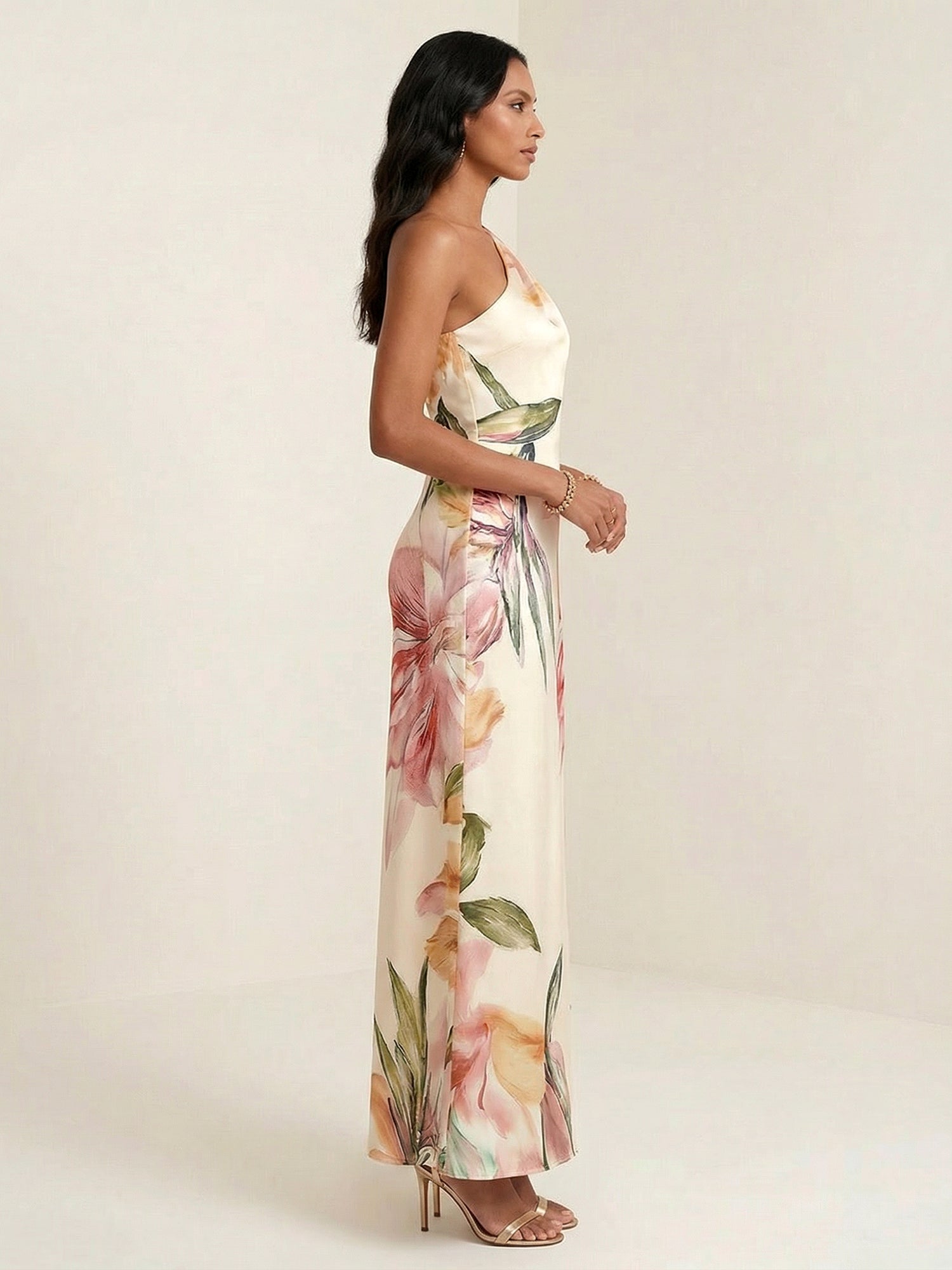 Ivory Floral Print One Shoulder Satin Maxi Dress with Bow Ruffle