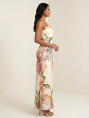 Ivory Floral Print One Shoulder Satin Maxi Dress with Bow Ruffle