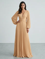 Slate Blue Plunging V-Neck Pleated Long Sleeve Maxi Dress Gown