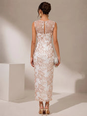 Bateau Neck Floral Lace Sheath Evening Dress with Illusion Yoke