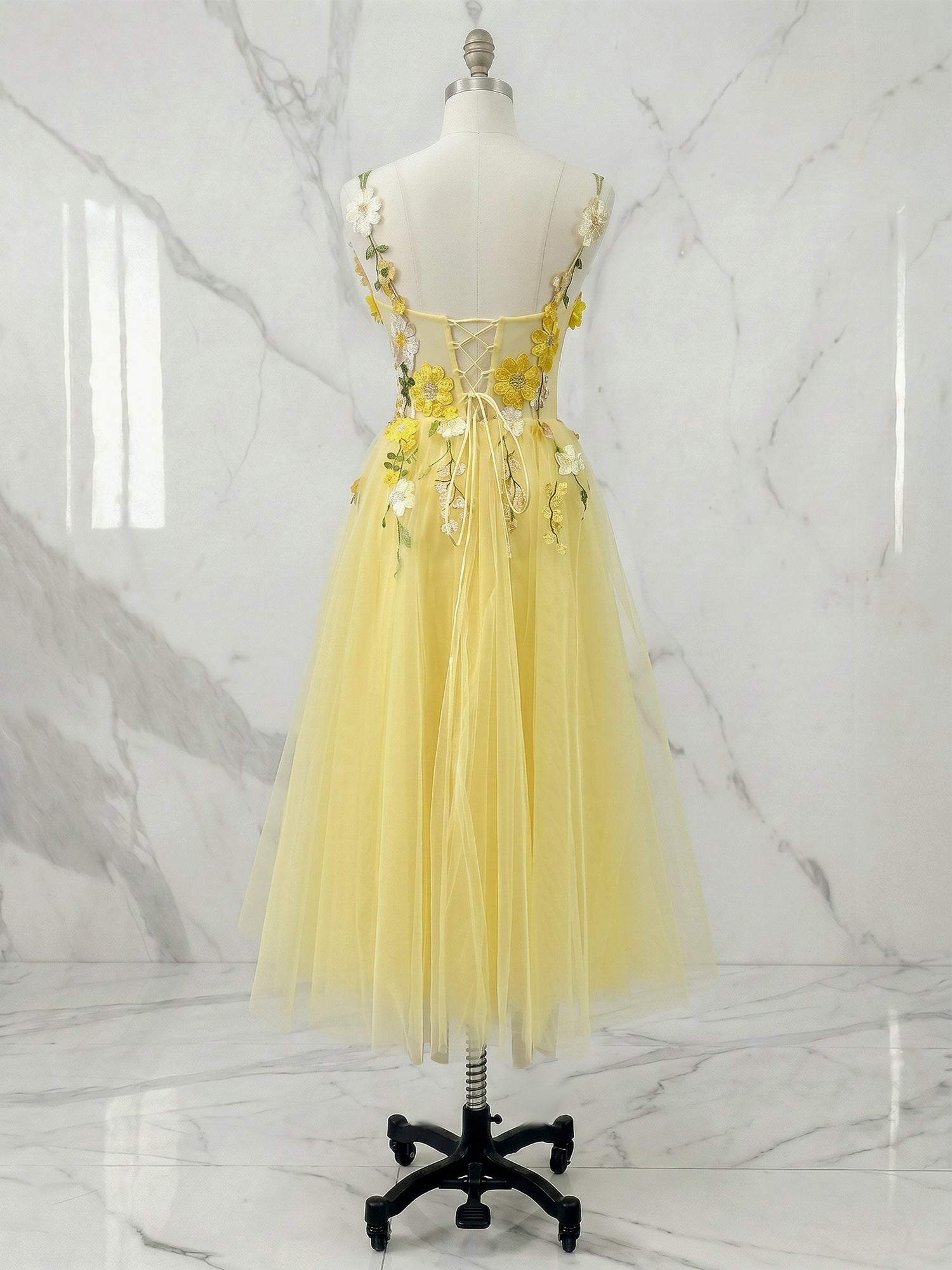 Whimsical Sunshine Yellow 3D Floral Corset Midi Dress