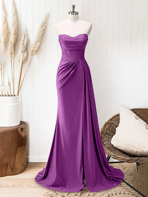 Glitter Royal Blue Strapless Mermaid Long Prom Dress with Slit