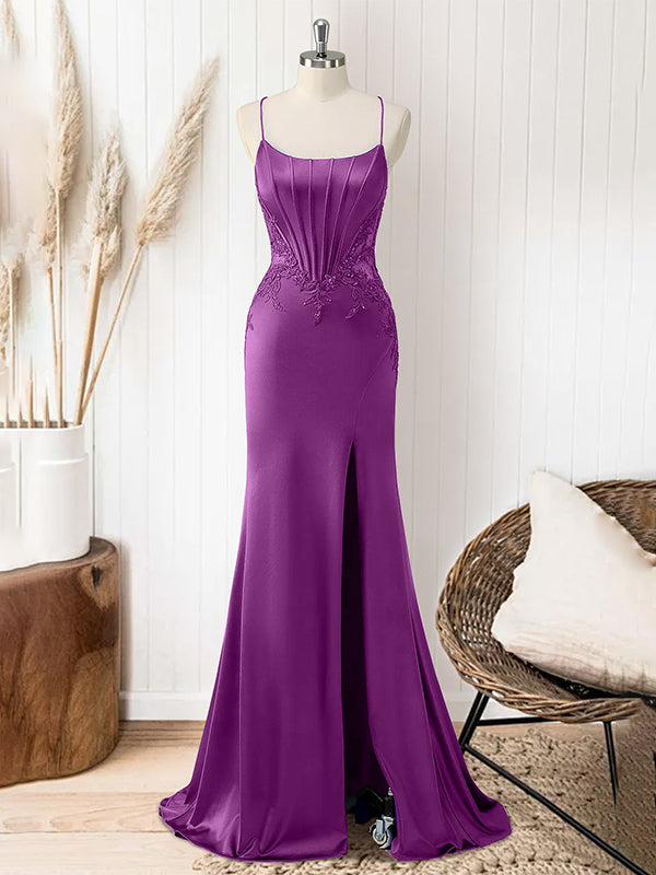 Red Mermaid Corset Spaghetti Straps Long Prom Dress with Appliques